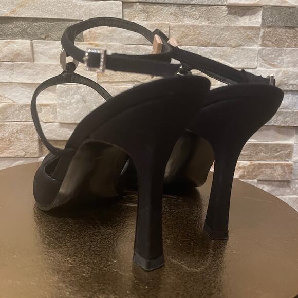 Stuart Weitzman 7 Black Satin Strappy Heels | Rhinestone Circle, Spain Y2K - Picture 6 of 13